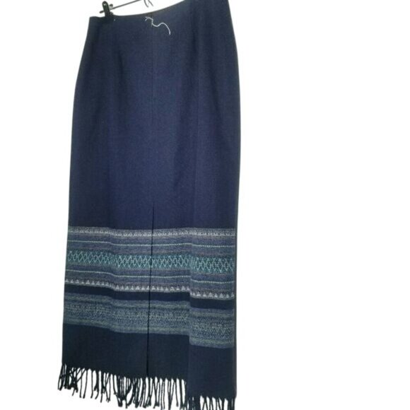 Woven Maxi Skirt With Fringe Hem & Ethnic Pattern Design Size 10 Polyester & Woo - Picture 2 of 9